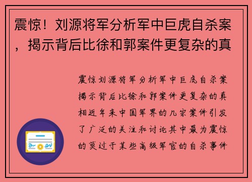 震惊！刘源将军分析军中巨虎自杀案，揭示背后比徐和郭案件更复杂的真相